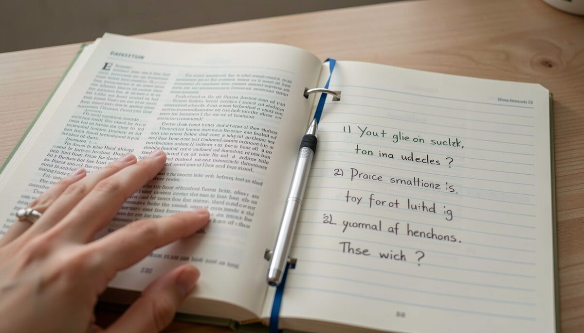 A textbook open at a chapter heading, with a hand resting on the page and a notebook showing three written questions. Illustrative image, generated with AI.