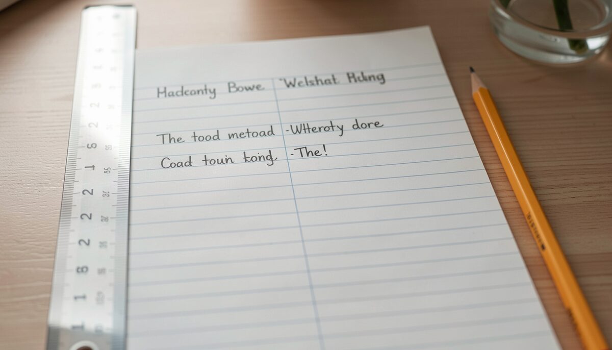 A notebook page divided into columns with headings and a pencil. Illustrative image, generated with AI.