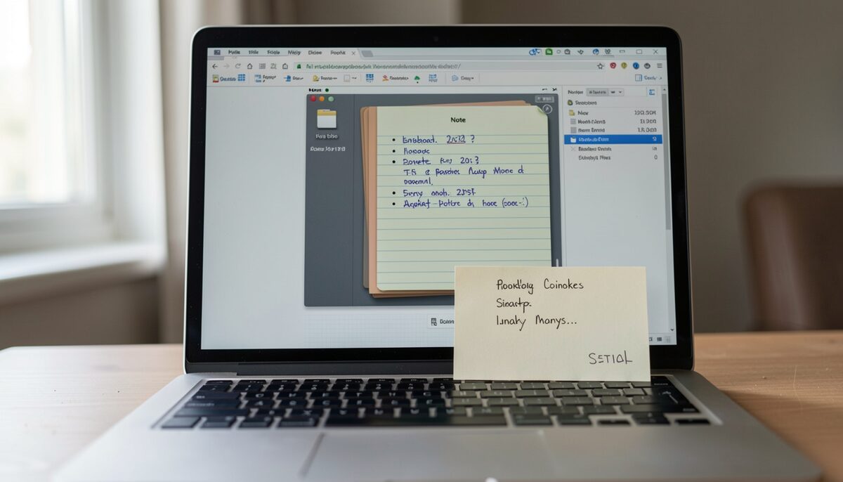 A laptop screen showing a folder of dated note files, with a paper index card of keywords resting on the keyboard. Illustrative image, generated with AI.