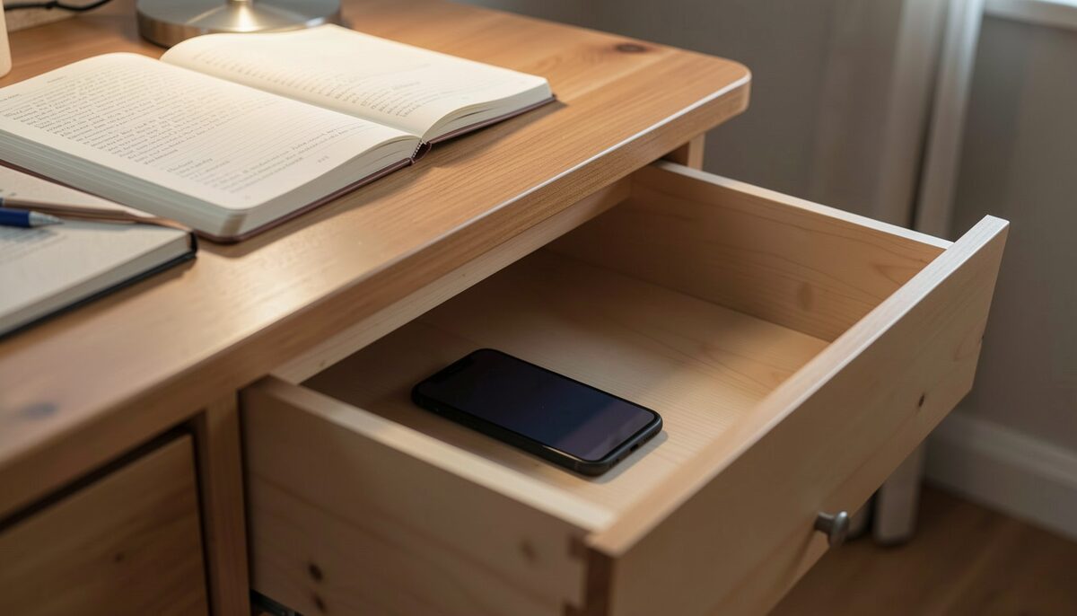 A phone stored face down in a drawer next to an open notebook and lamp. Illustrative image, generated with AI.