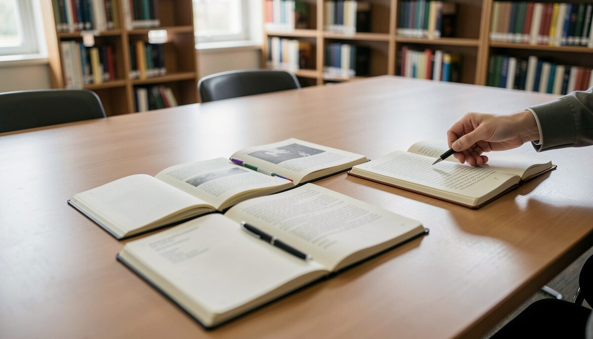 Three open notebooks on a library table, each a different subject. Illustrative image, generated with AI.