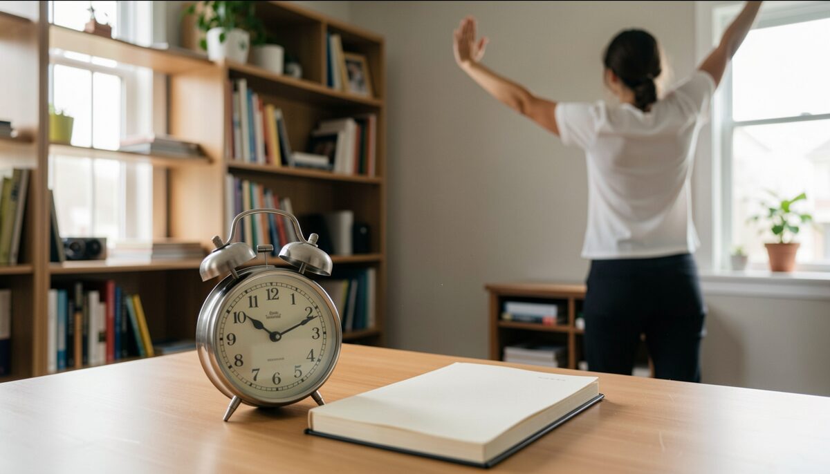A timer on a desk beside a notebook while a person stands and stretches in a small study room. Illustrative image, generated with AI.