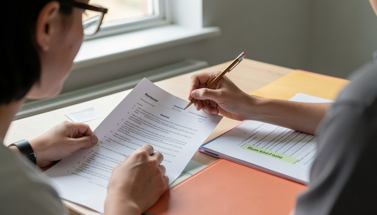 A student comparing three labelled folders and an assignment brief at a desk. Illustrative image, generated with AI.