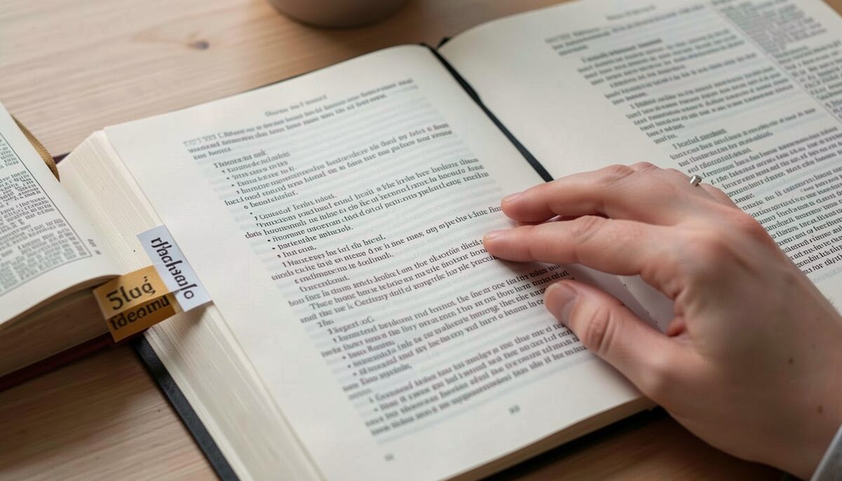 A dense printed page with a bookmark, a dictionary open nearby and a reader's finger tracking a long sentence. Illustrative image, generated with AI.