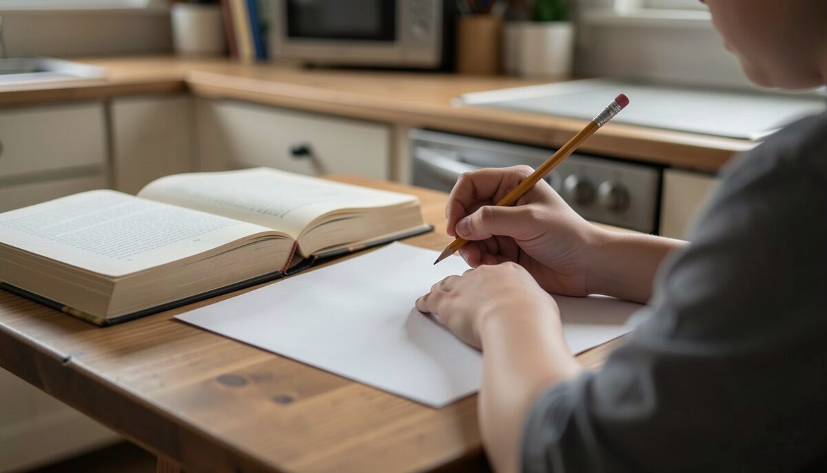 A learner recalls material on a blank sheet beside a closed textbook. Illustrative image, generated with AI.