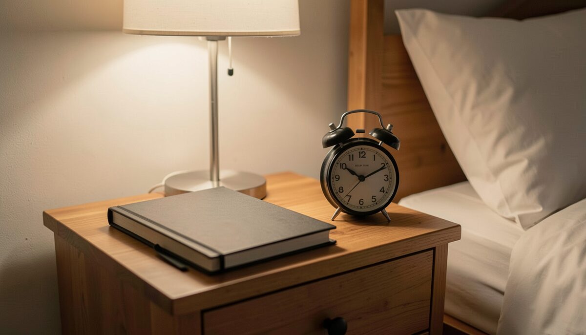 A bedside table at night with a closed notebook, reading lamp turned off and an alarm clock showing a late hour. Illustrative image, generated with AI.