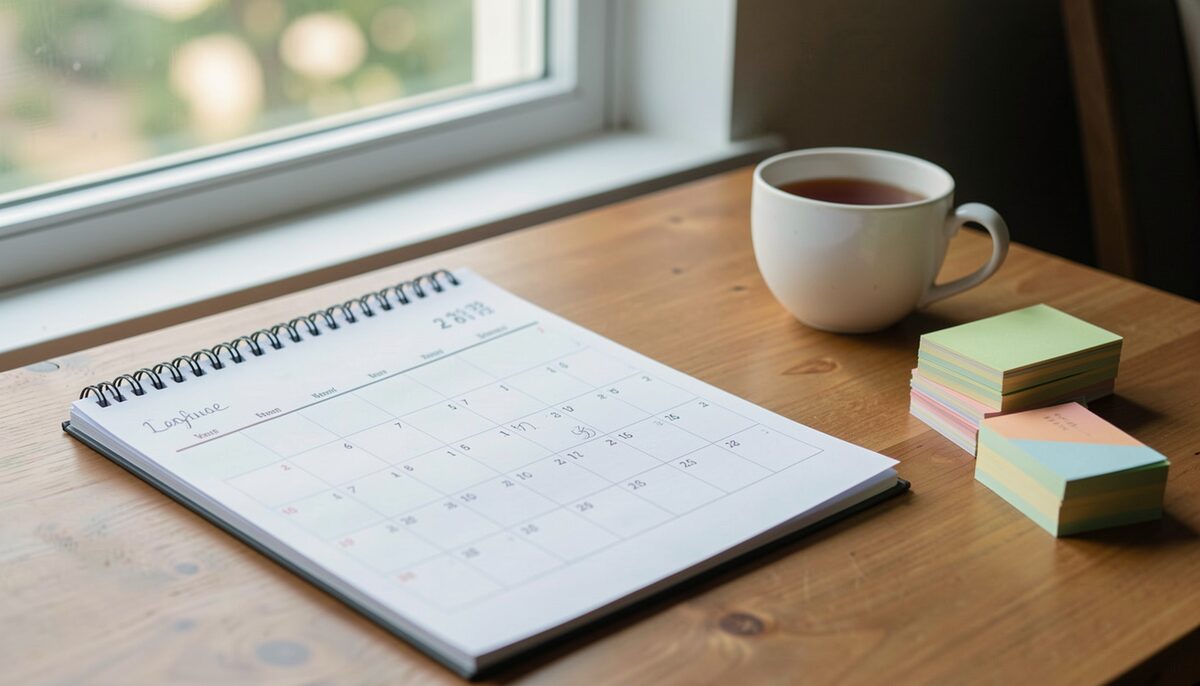 A student's desk with a paper calendar marked in pencil, a stack of index cards and a cup of tea beside a window in daylight. Illustrative image, generated with AI.
