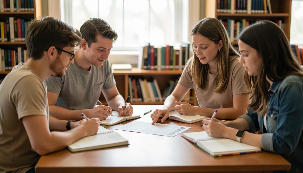 Four students around a library table with notebooks open, one person pointing at a shared printed page. Illustrative image, generated with AI.
