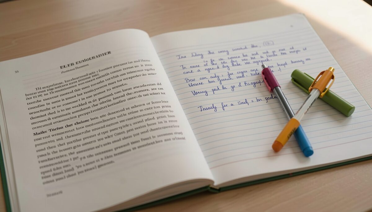 An open academic article beside a handwritten summary paragraph on lined paper, with two different coloured pens. Illustrative image, generated with AI.