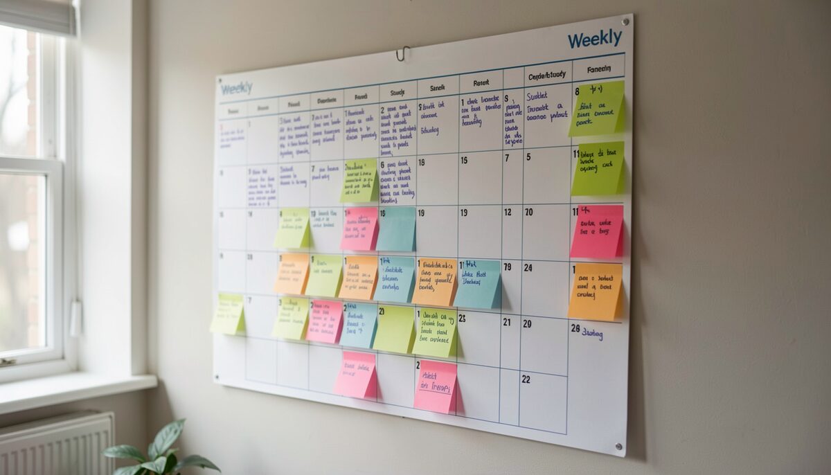 A wall planner with handwritten study blocks and sticky notes. Illustrative image, generated with AI.